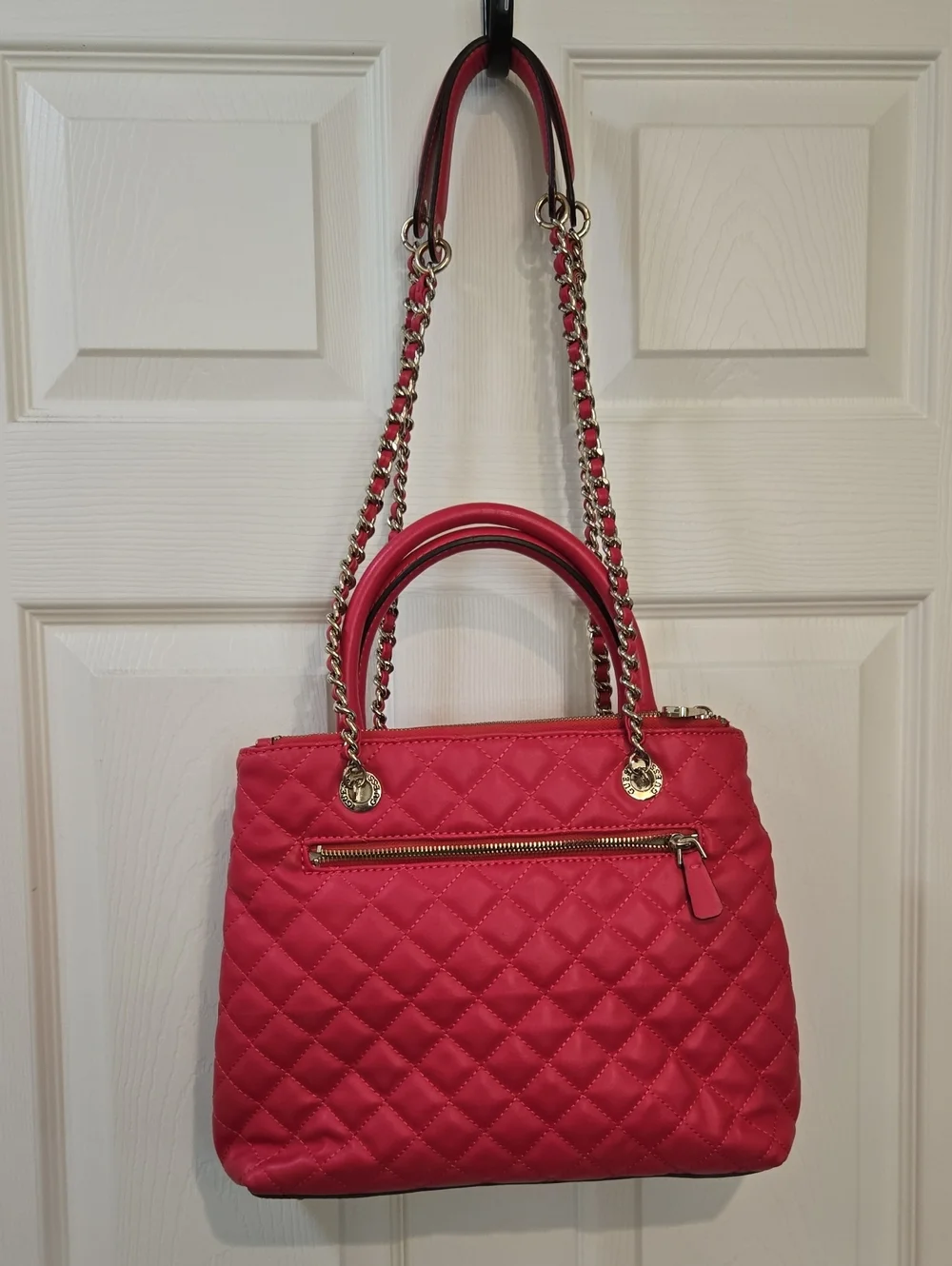 GUESS Quilted Satchel in Fuchsia Pink with Silver Hardware